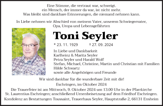 Traueranzeige von Toni Seyler von saarbruecker_zeitung