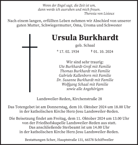 Traueranzeige von Ursula Burkhardt von saarbruecker_zeitung