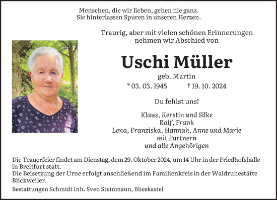 Traueranzeige von Uschi Müller von saarbruecker_zeitung