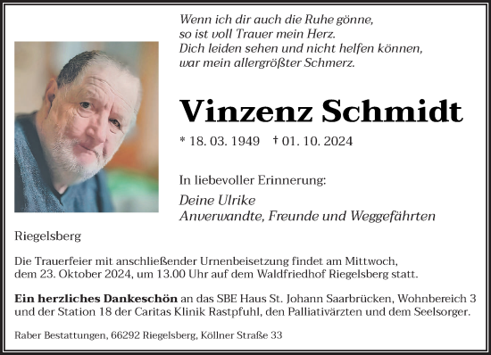 Traueranzeige von Vinzenz Schmidt von saarbruecker_zeitung