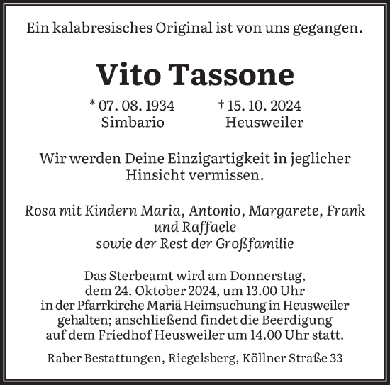 Traueranzeige von Vito Tassone von saarbruecker_zeitung