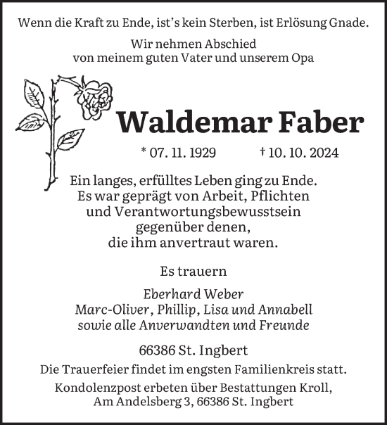 Traueranzeige von Waldemar Faber von saarbruecker_zeitung