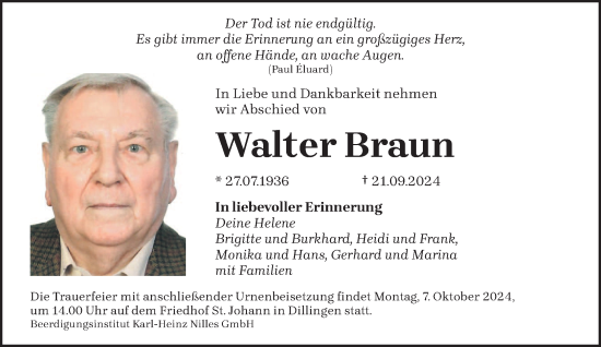 Traueranzeige von Walter Braun von saarbruecker_zeitung