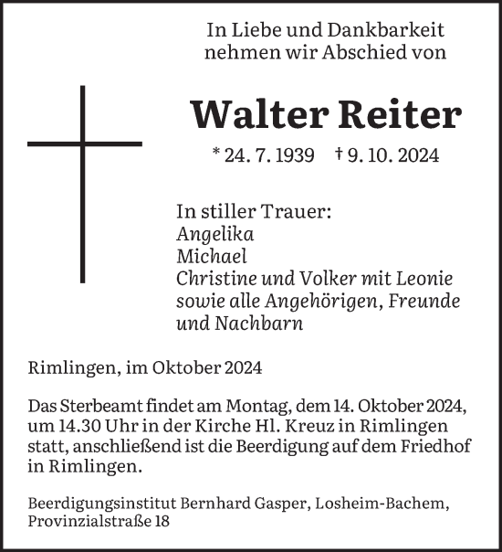 Traueranzeige von Walter Reiter von saarbruecker_zeitung