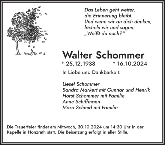 Traueranzeige von Walter Schommer von saarbruecker_zeitung