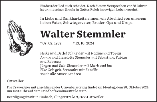 Traueranzeige von Walter Stemmler von saarbruecker_zeitung