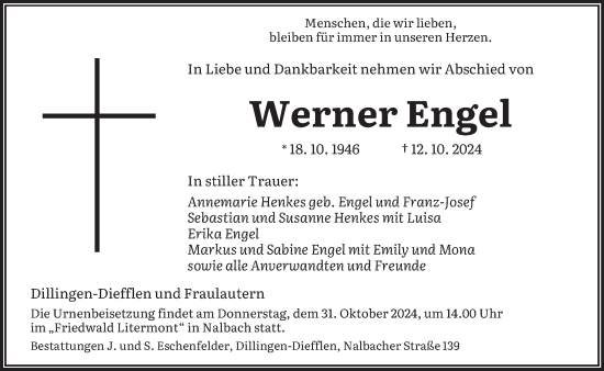 Traueranzeige von Werner Engel von saarbruecker_zeitung
