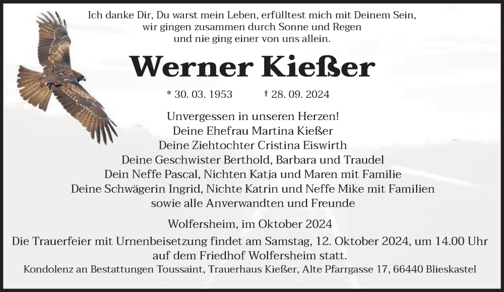  Traueranzeige für Werner Kießer vom 05.10.2024 aus saarbruecker_zeitung