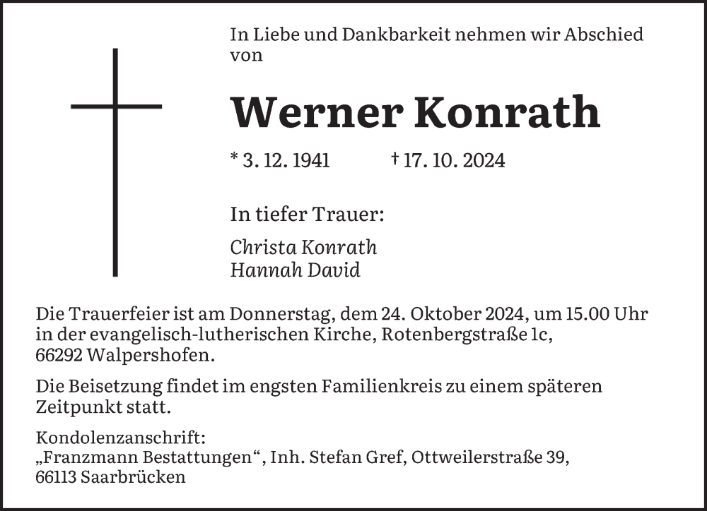  Traueranzeige für Werner Konrath vom 19.10.2024 aus saarbruecker_zeitung