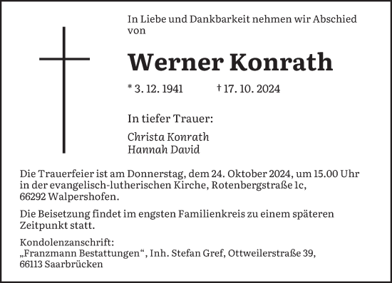 Traueranzeige von Werner Konrath von saarbruecker_zeitung