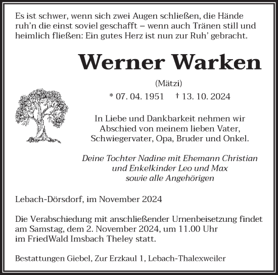 Traueranzeige von Werner Warken von saarbruecker_zeitung