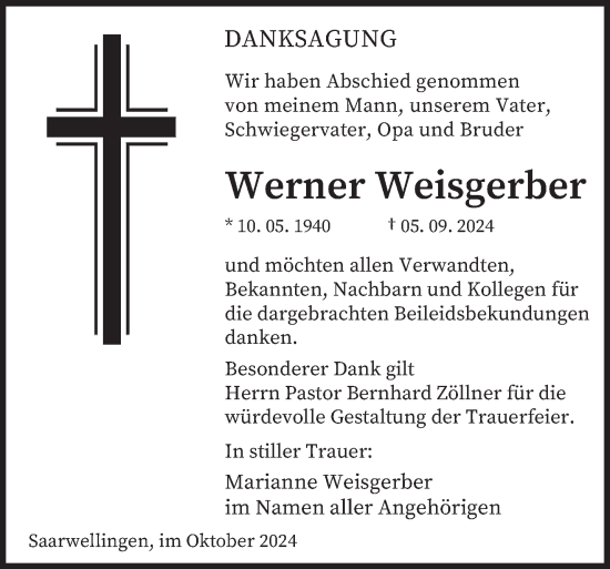 Traueranzeige von Werner Weisgerber von saarbruecker_zeitung