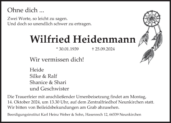 Traueranzeige von Wilfried Heidenmann von saarbruecker_zeitung