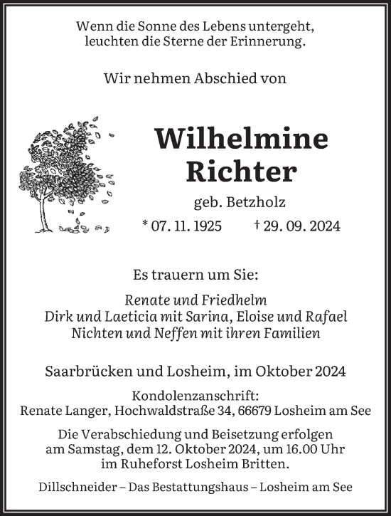 Traueranzeige von Wilhelmine Richter von saarbruecker_zeitung