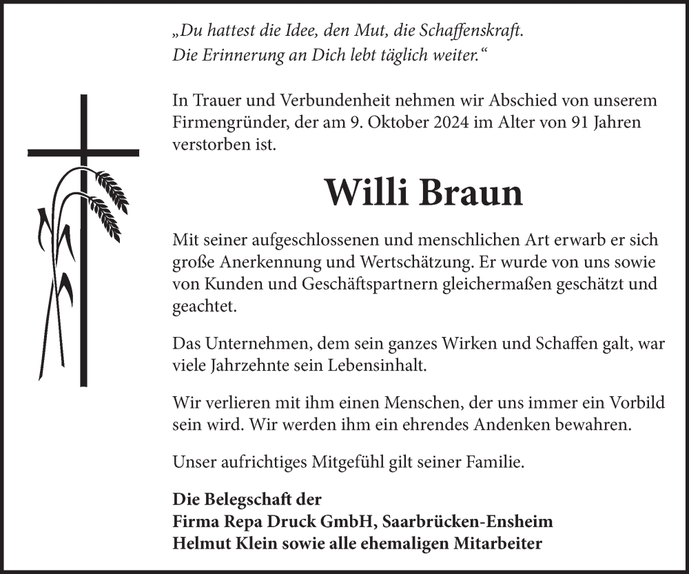  Traueranzeige für Willi Braun vom 19.10.2024 aus saarbruecker_zeitung