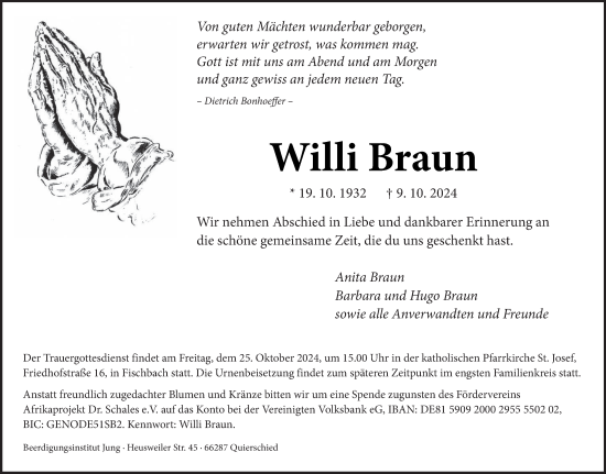 Traueranzeige von Willi Braun von saarbruecker_zeitung