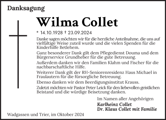 Traueranzeige von Wilma Collet von saarbruecker_zeitung