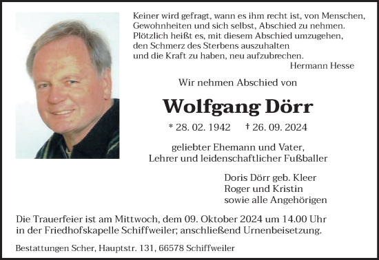 Traueranzeige von Wolfgang Dörr von saarbruecker_zeitung