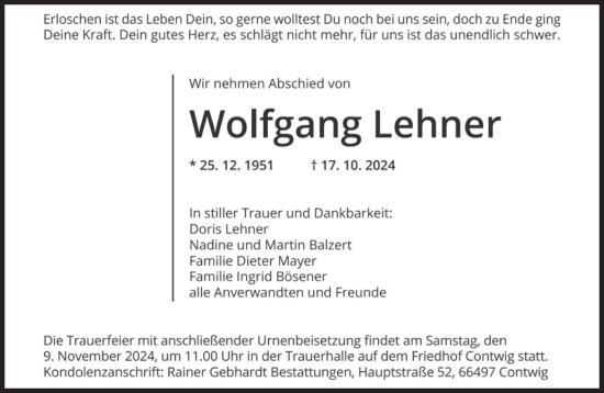 Traueranzeige von Wolfgang Lehner von saarbruecker_zeitung