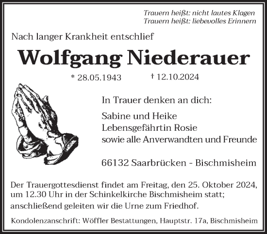 Traueranzeige von Wolfgang Niederauer von saarbruecker_zeitung