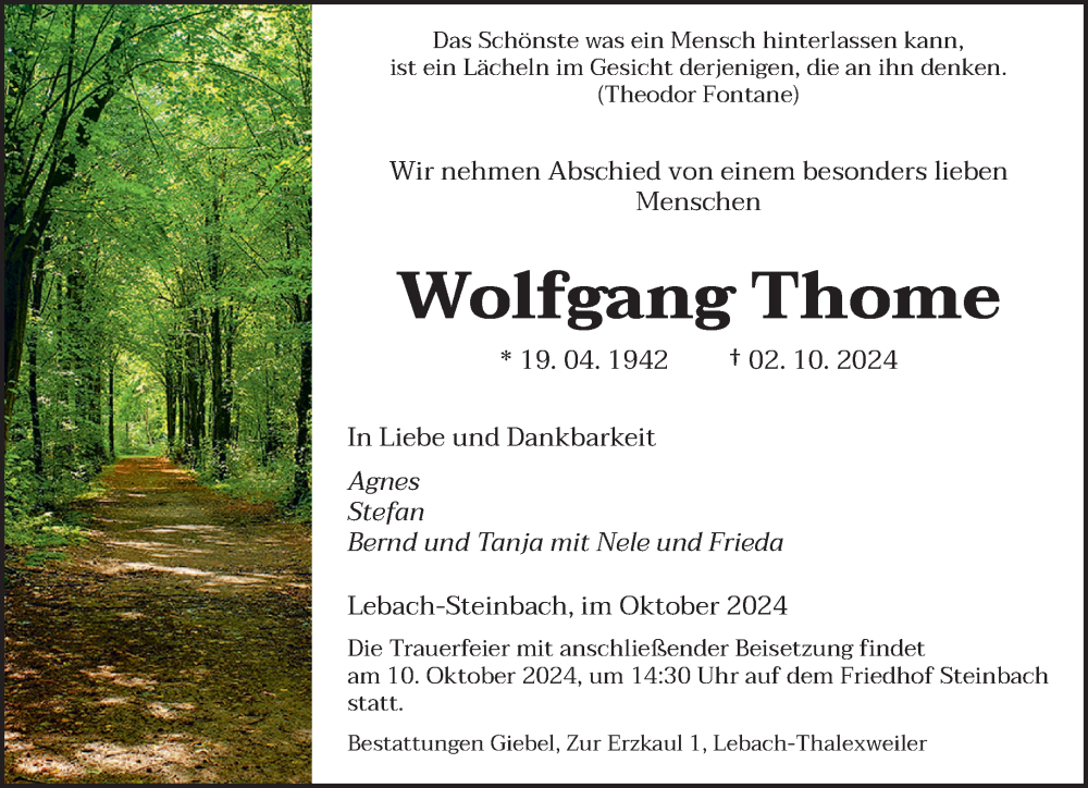  Traueranzeige für Wolfgang Thome vom 08.10.2024 aus saarbruecker_zeitung