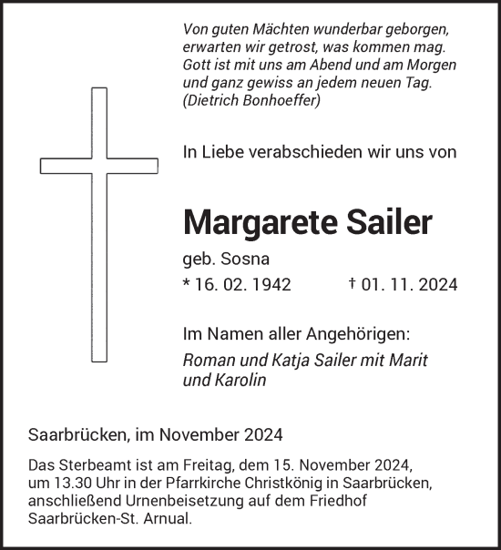 Traueranzeige von Margarete Sailer von saarbruecker_zeitung