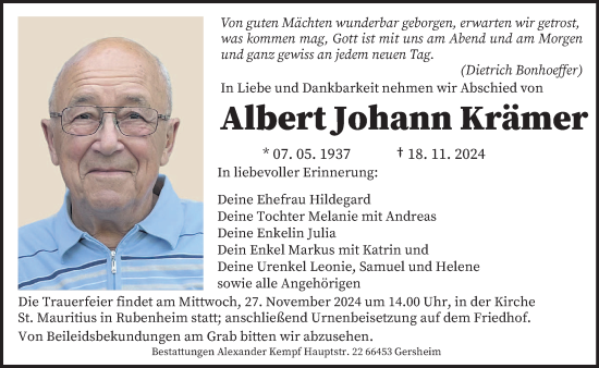 Traueranzeige von Albert Johann Krämer von saarbruecker_zeitung