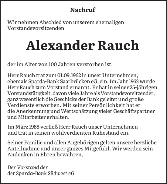 Traueranzeige von Alexander Rauch von saarbruecker_zeitung