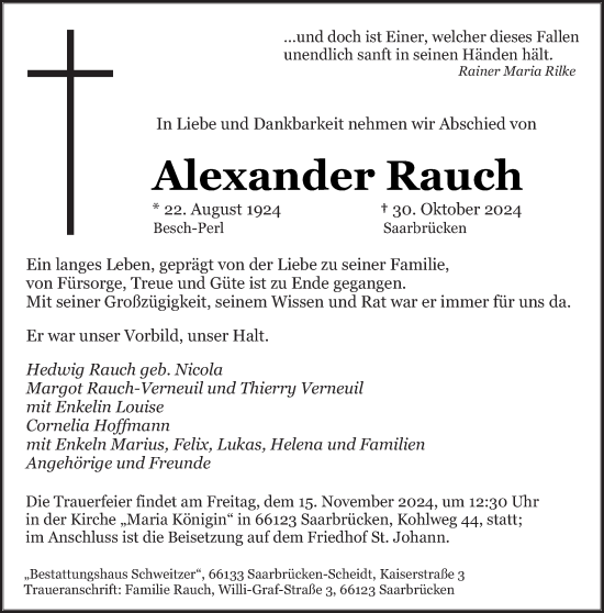 Traueranzeige von Alexander Rauch von saarbruecker_zeitung