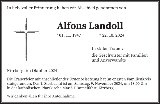 Traueranzeige von Alfons Landoll von saarbruecker_zeitung