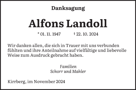 Traueranzeige von Alfons Landoll von saarbruecker_zeitung