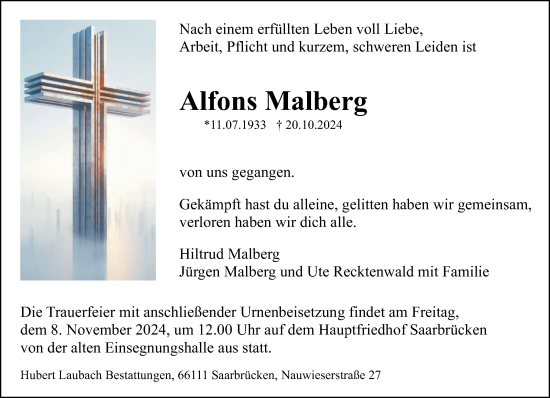 Traueranzeige von Alfons Malberg von saarbruecker_zeitung