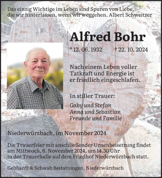 Traueranzeige von Alfred Bohr von saarbruecker_zeitung