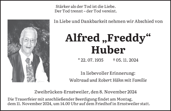 Traueranzeige von Alfred Huber von saarbruecker_zeitung