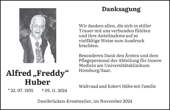 Traueranzeige von Alfred Huber von saarbruecker_zeitung