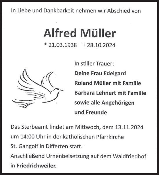 Traueranzeige von Alfred Müller von saarbruecker_zeitung