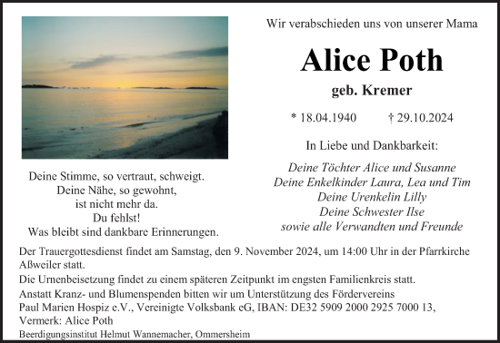 Traueranzeige von Alice Poth von saarbruecker_zeitung