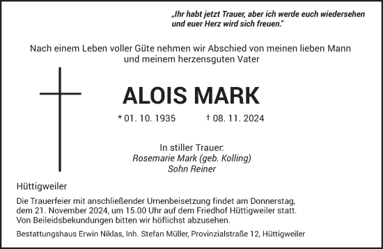 Traueranzeige von Alois Mark von saarbruecker_zeitung