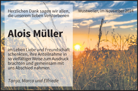 Traueranzeige von Alois Müller von saarbruecker_zeitung