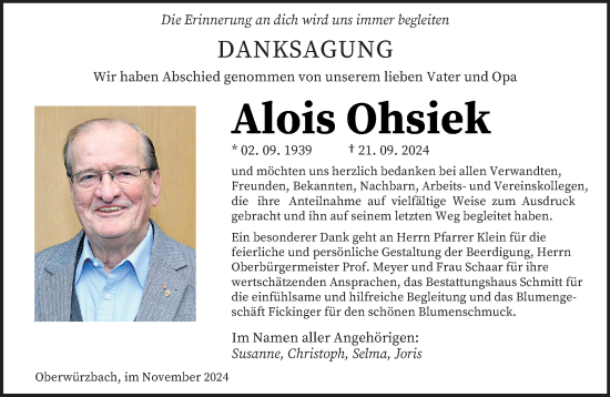 Traueranzeige von Alois Ohsiek von saarbruecker_zeitung