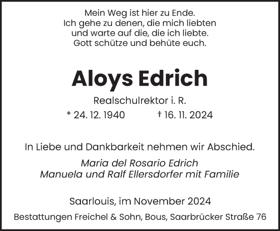 Traueranzeige von Aloys Edrich von saarbruecker_zeitung