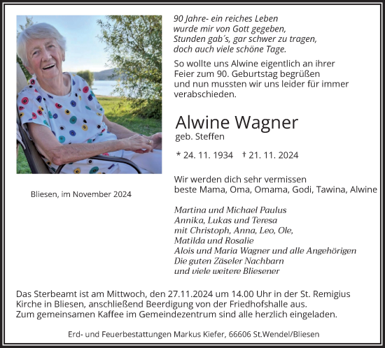 Traueranzeige von Alwine Wagner von saarbruecker_zeitung