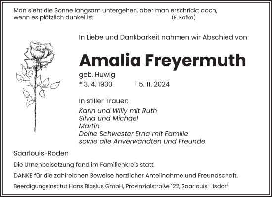 Traueranzeige von Amalia Freyermuth von saarbruecker_zeitung