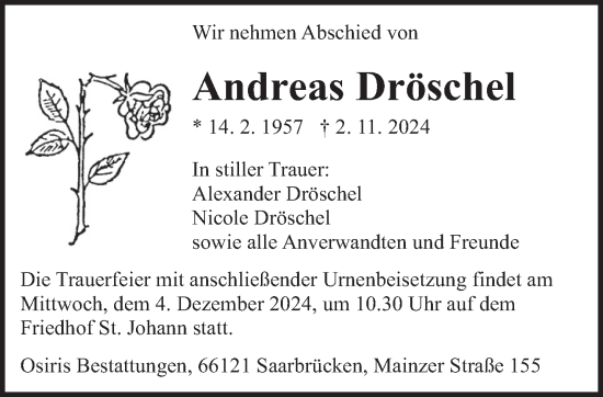 Traueranzeige von Andreas Dröschel von saarbruecker_zeitung