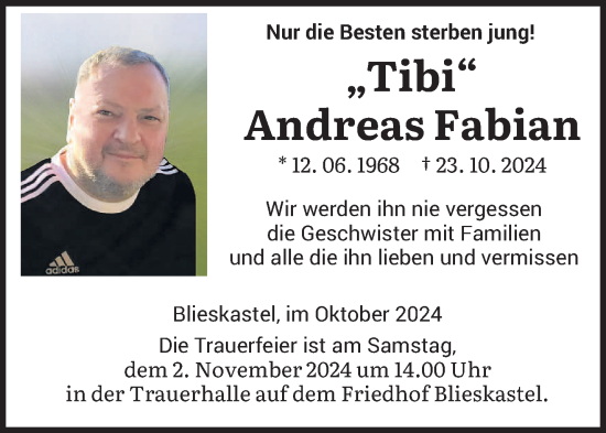 Traueranzeige von Andreas Fabian von saarbruecker_zeitung