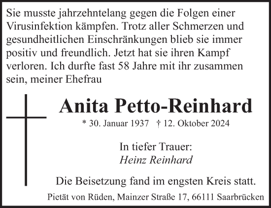 Traueranzeige von Anita Petto-Reinhard von saarbruecker_zeitung