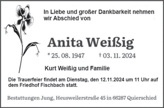 Traueranzeige von Anita Weißig von saarbruecker_zeitung