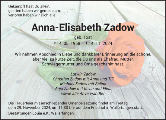 Traueranzeige von Anna-Elisabeth Zadow von saarbruecker_zeitung