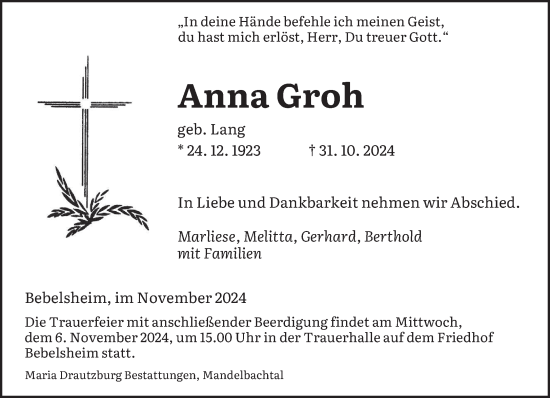 Traueranzeige von Anna Groh von saarbruecker_zeitung