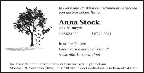 Traueranzeige von Anna Stock von saarbruecker_zeitung